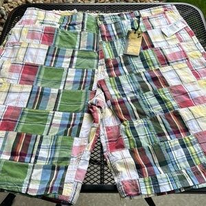 Chor multi plaid skater boy punk long loud shorts with quilted patches nwt